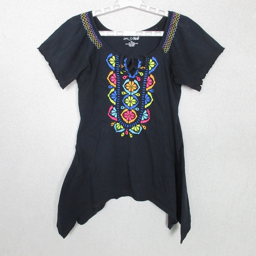 RXB Women's Tunic Blouse Black Floral Embroidery Short Sleeve Boho‎ Petite M